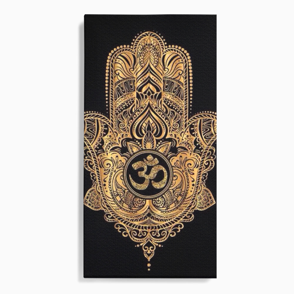 Tablou canvas cu illustratie digitala hamsa aurie, fara rama, pe sasiu de lemn